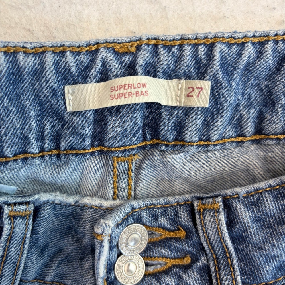 Levi Superlow Jeans Womens 27 Blue Low Rise Straight Leg Distressed - Picture 3 of 11
